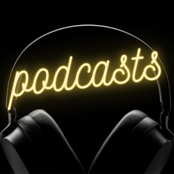 lit neon yellow word Podcasts highlighting a pair of black headphones on a black background